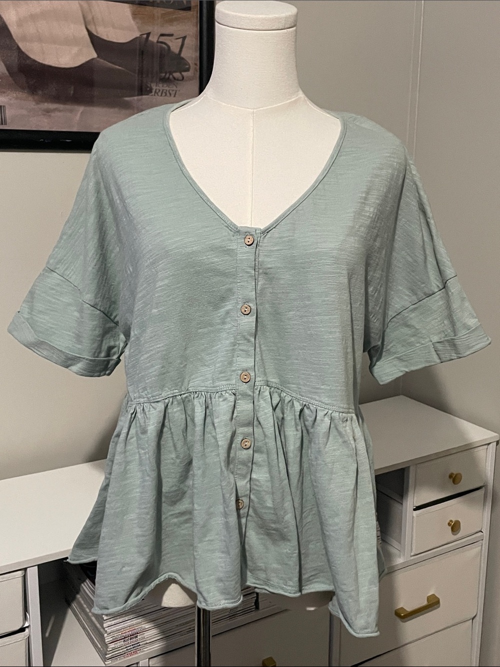 In Bloom Green Button Down Peplum Blouse